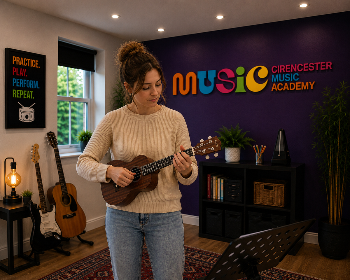 Woman playing ukulele beside a music stand