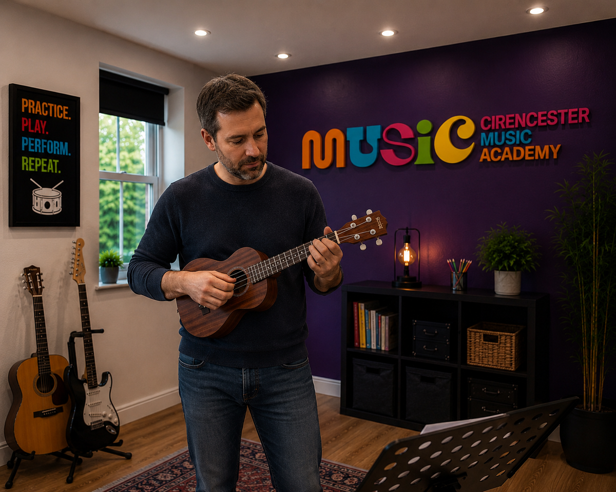 Man playing ukulele beside a music stand