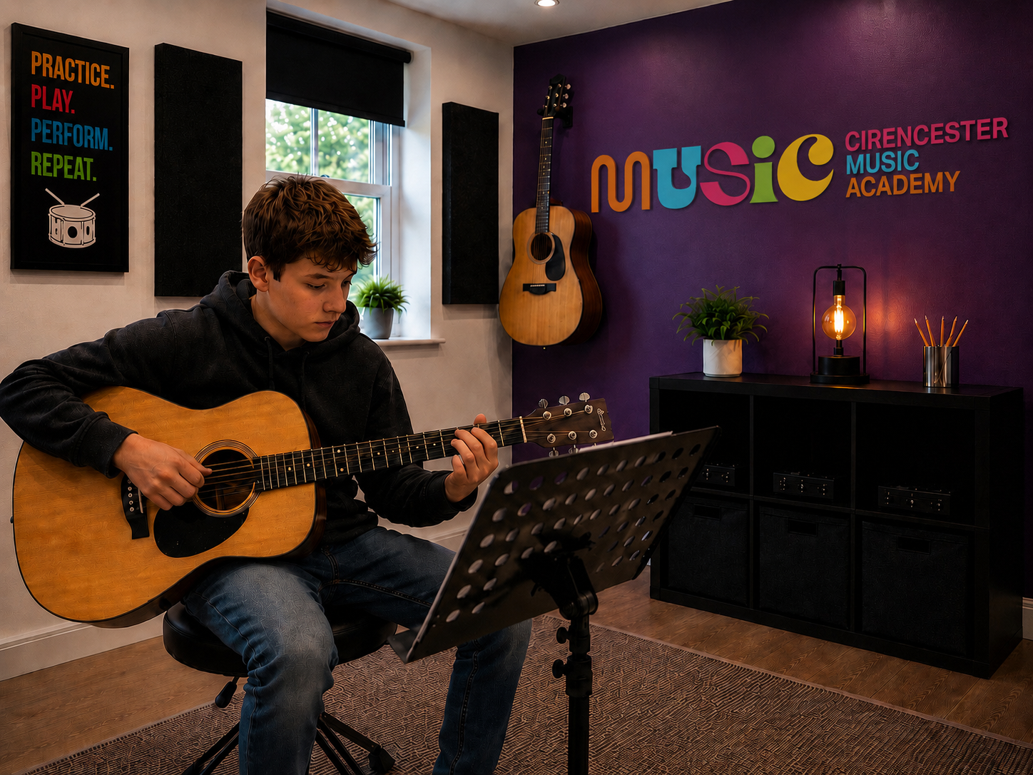 Student performing on electric guitar