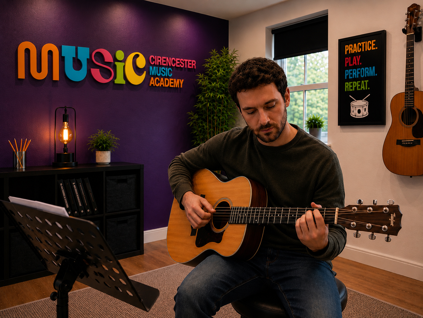 Student practising guitar chords