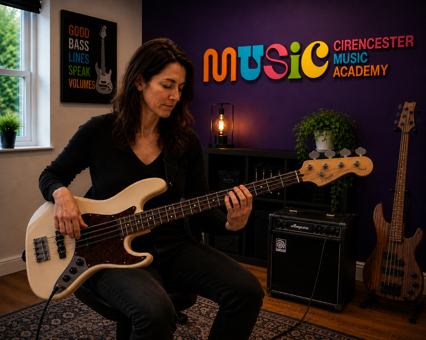 Student practising a bass guitar groove