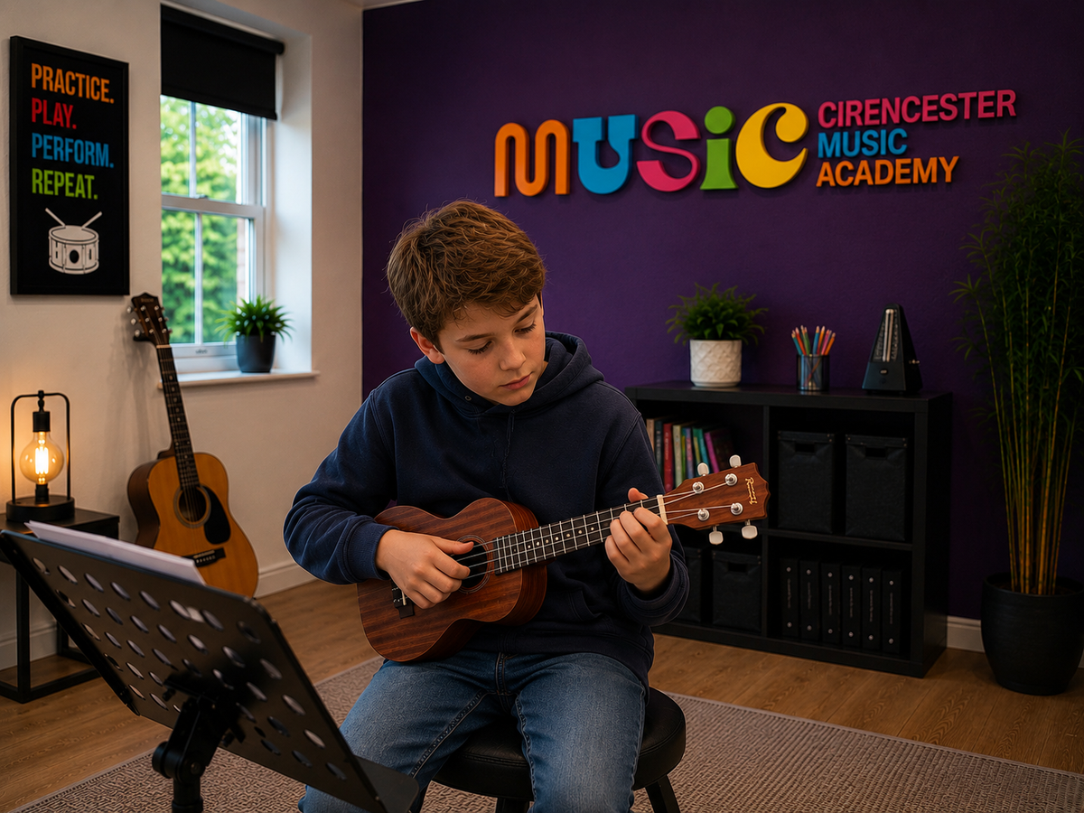 Boy playing ukulele beside a music stand