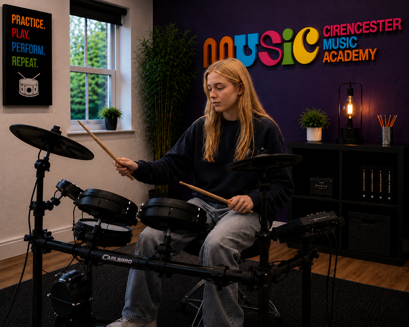 Student learning drum grooves and coordination