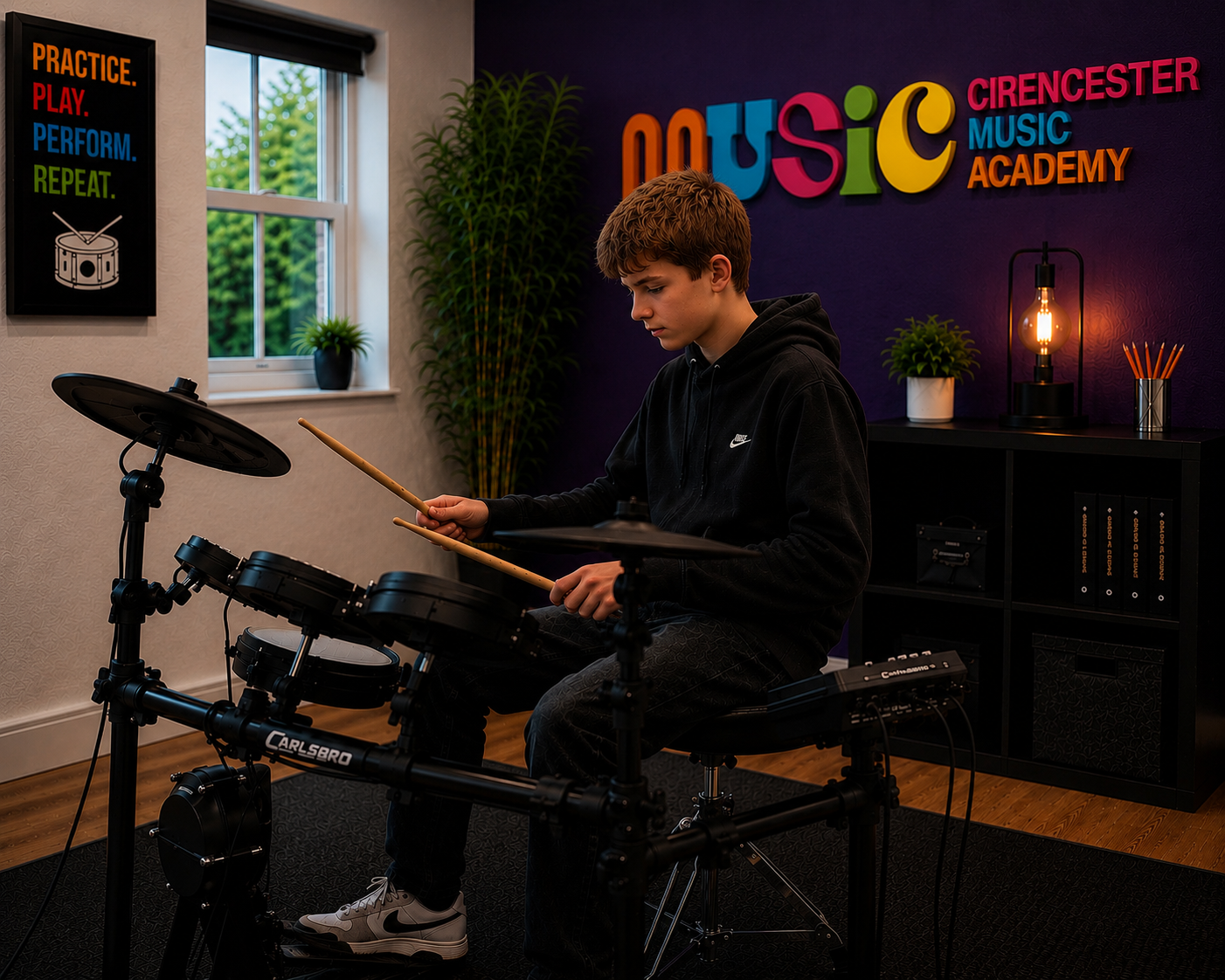 Student playing a favourite song on drums