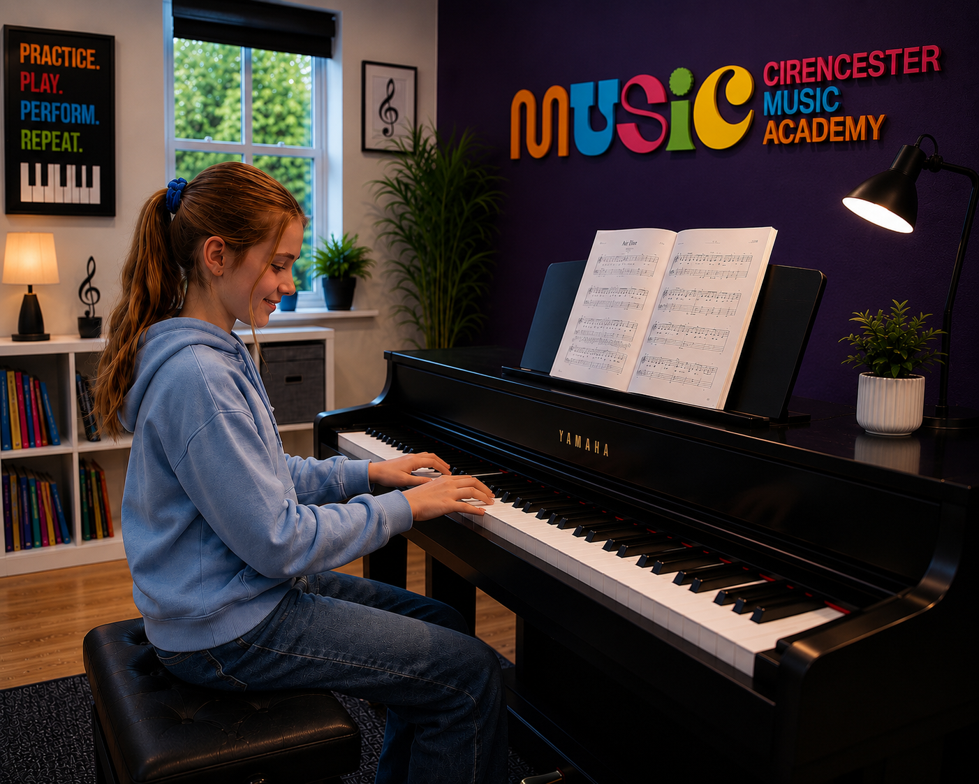 Student enjoying a piano lesson