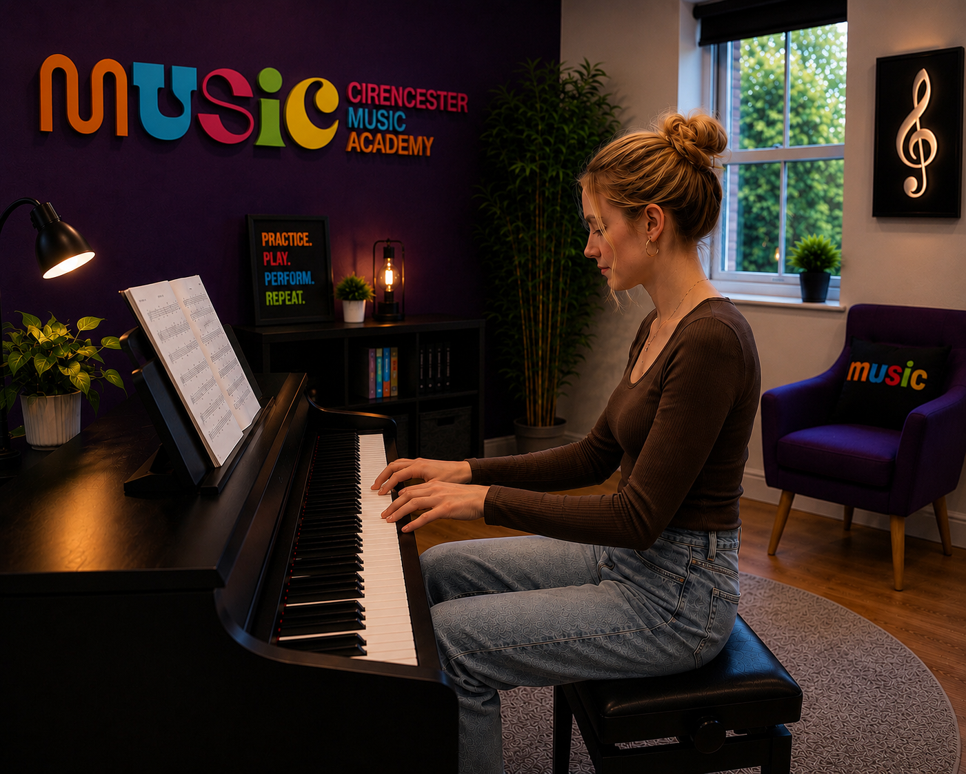 Piano teacher helping a student