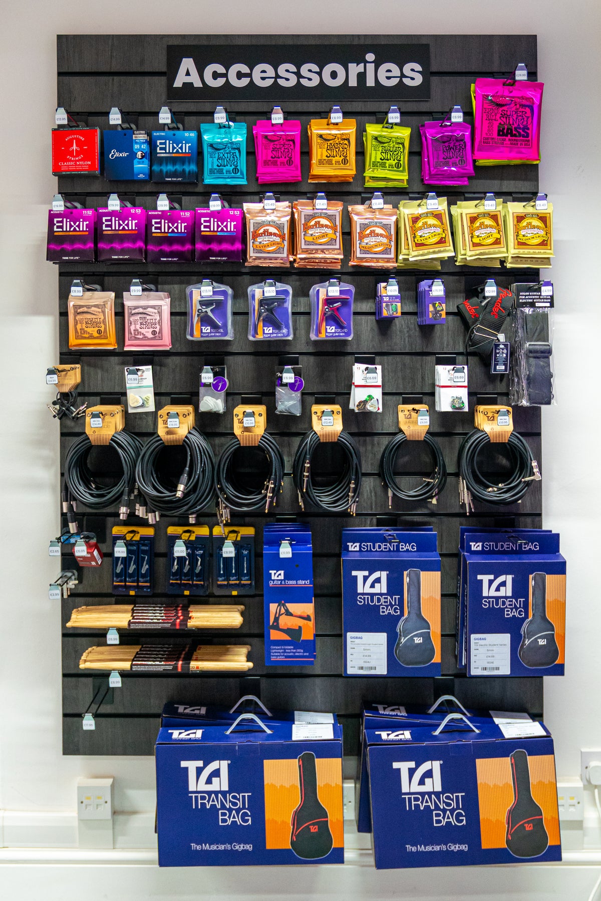Strings, cables and other music accessories on display at Cirencester Music Academy