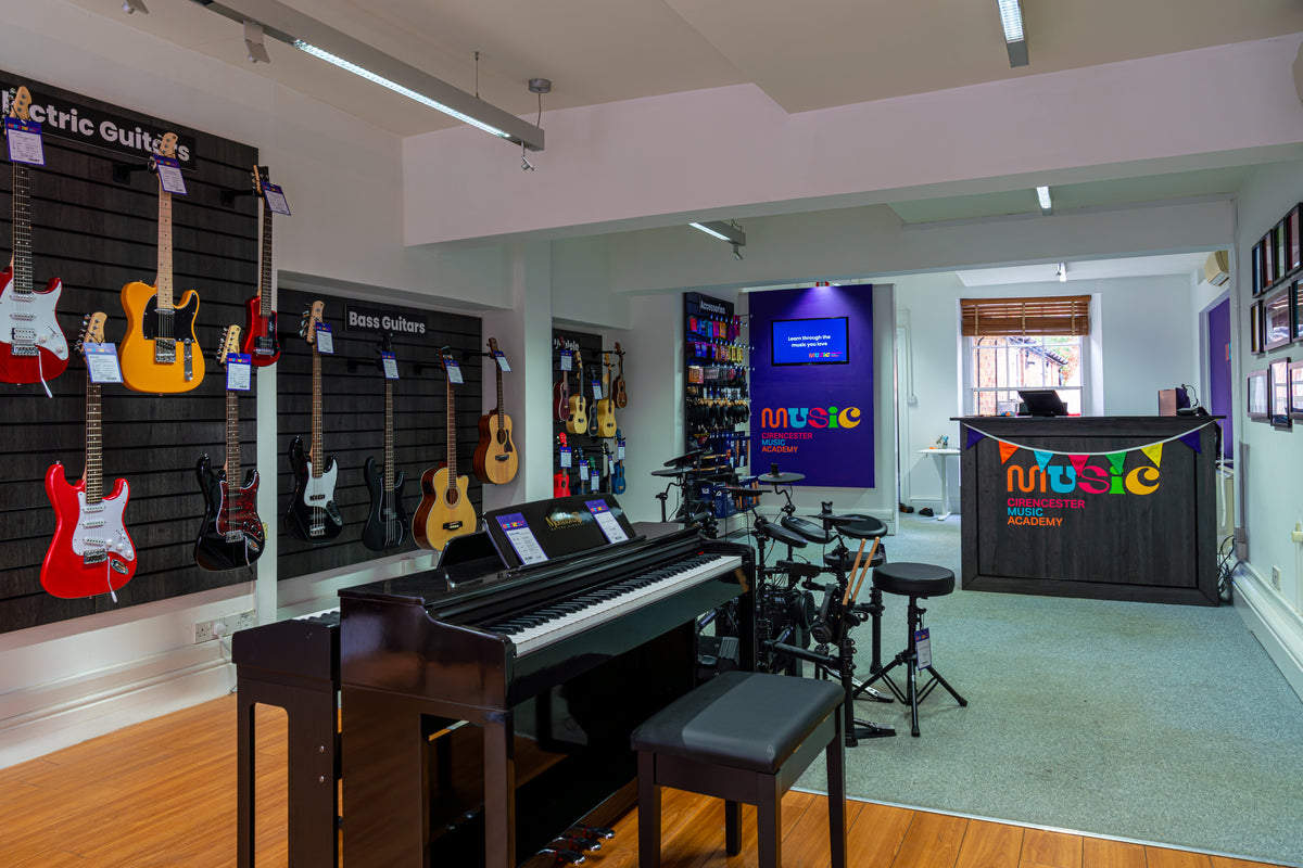 Guitars, digital pianos and an electronic drum kit in the Cirencester Music Academy shop