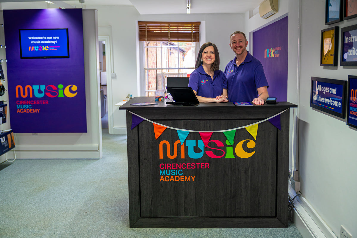 Stuart and Nicki Elwin behind the counter at Cirencester Music Academy