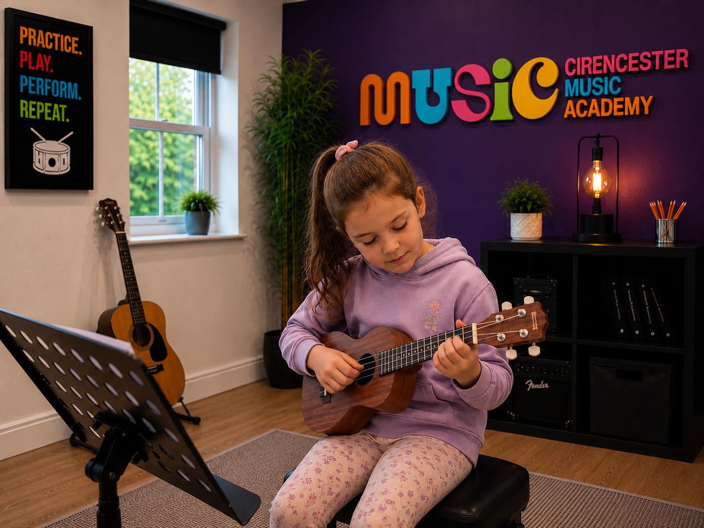 Student practising ukulele chords
