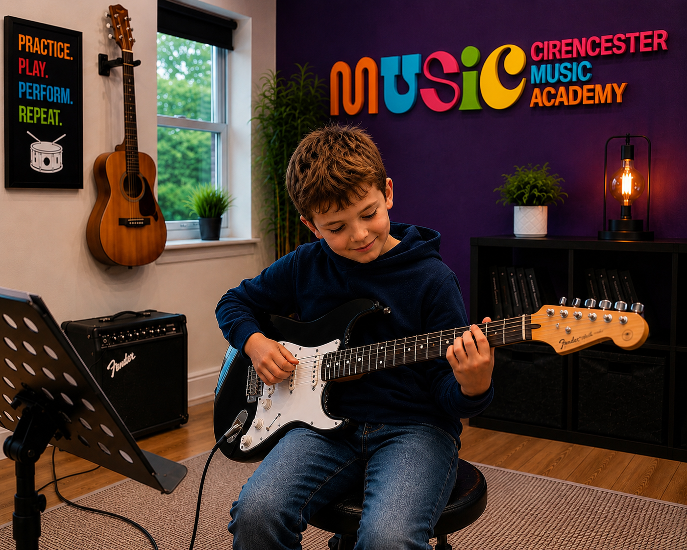 Guitar teacher demonstrating a technique